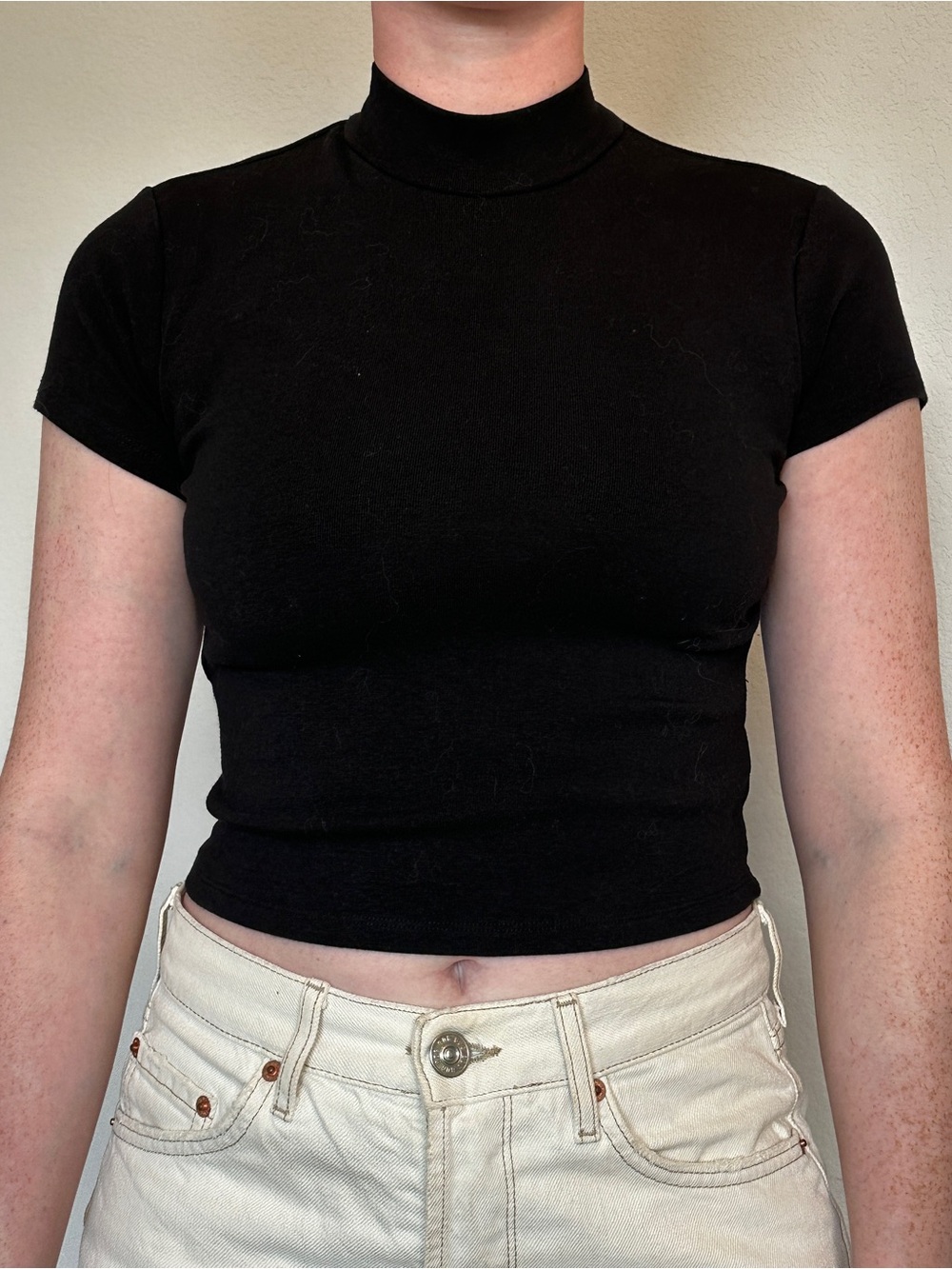 Black Mock Neck Crop Top with Cut-Out Back